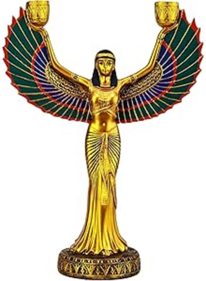 تمثال إيزيس، أجنحة الإلهة، حامل شمعدان كبير، مطلي يدويًا، مصنوع في مصر. اسم إيزيس يعني ملكة العرش. عُرفت إيزيس بإلهة الأمومة والخصوبة والسحر والشفاء.