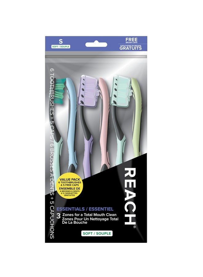 ريتش فرشاة أسنان ريتش إسينشالز مع أغطية فرشاة أسنان، شعيرات ناعمة متعددة المناطق بزاوية، مقبض مُحدد، مكشطة لسان، 6 قطع - Image 1