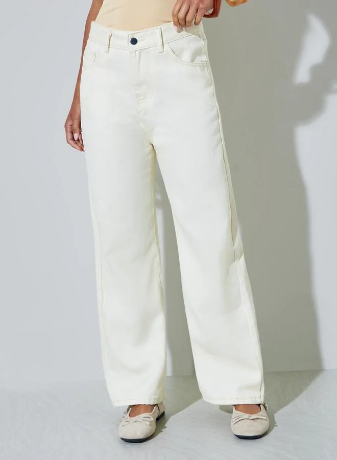 Styli Cream Wide Leg Jeans with Pocket