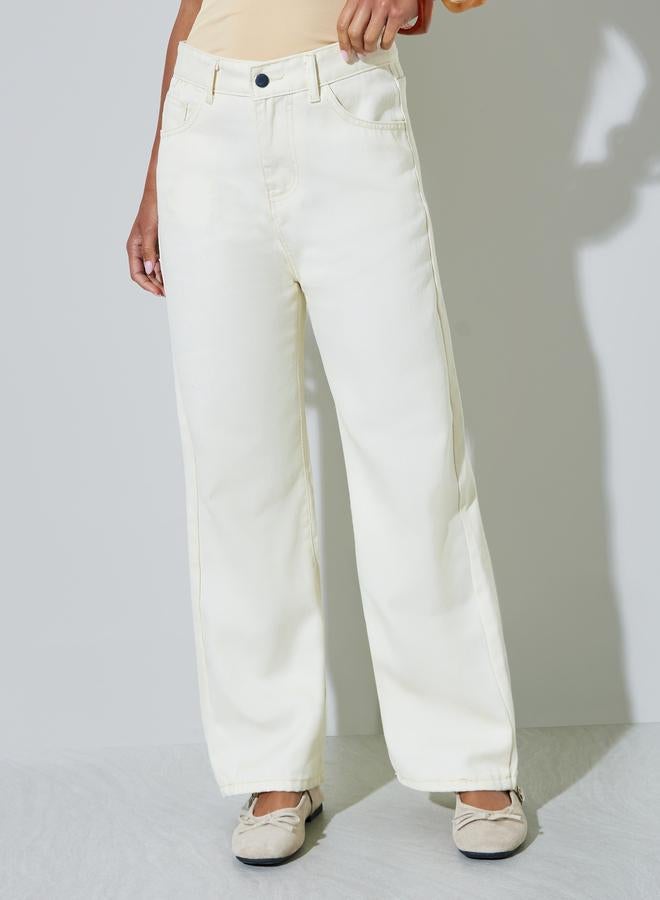 Styli Cream Wide Leg Jeans with Pocket - Image 2