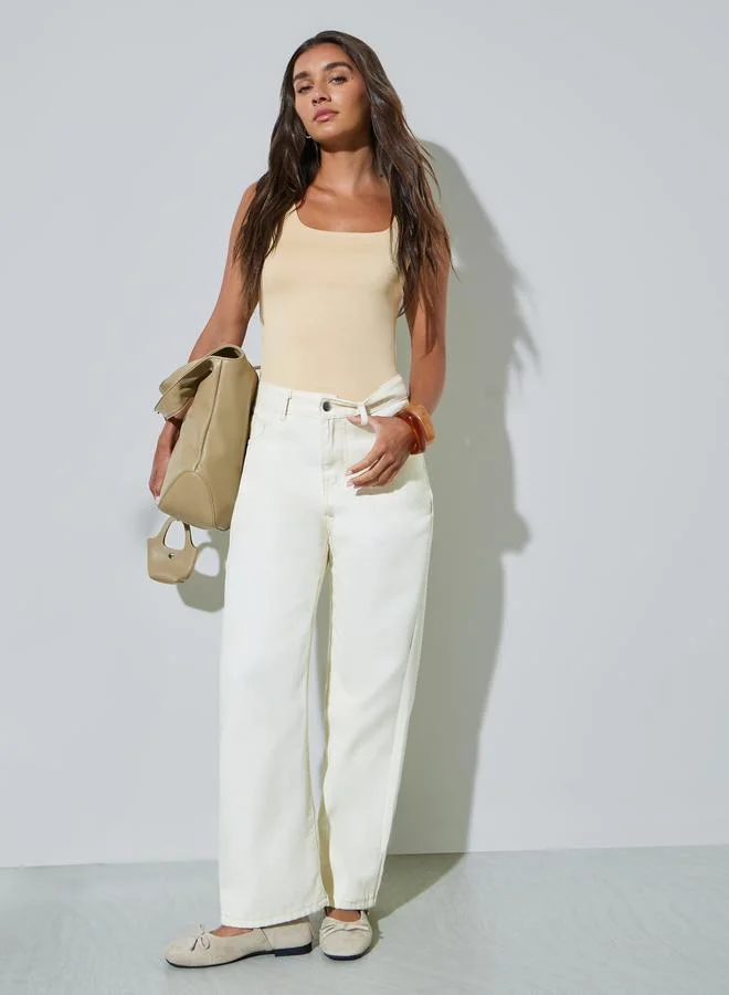 Styli Cream Wide Leg Jeans with Pocket