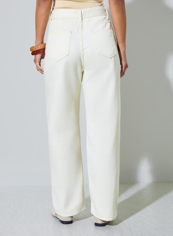 Styli Cream Wide Leg Jeans with Pocket - Image 4