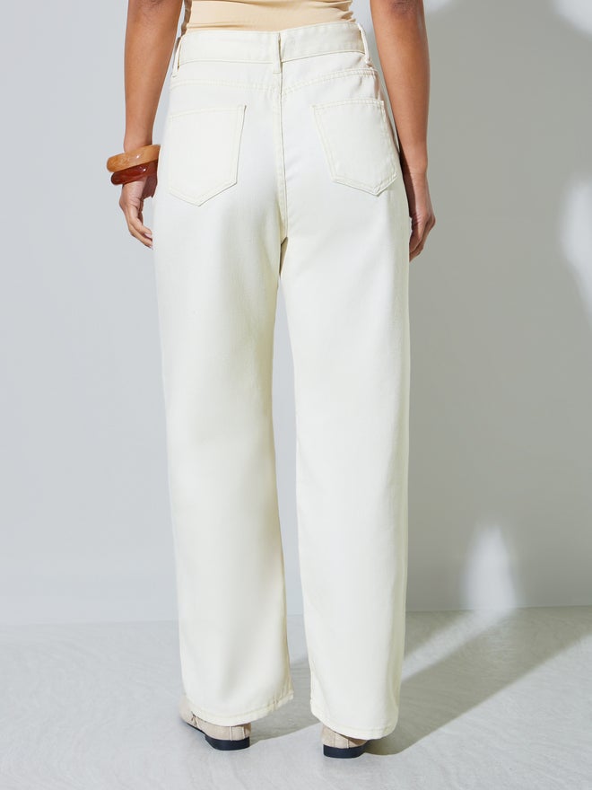 Styli Cream Wide Leg Jeans with Pocket - Image 4
