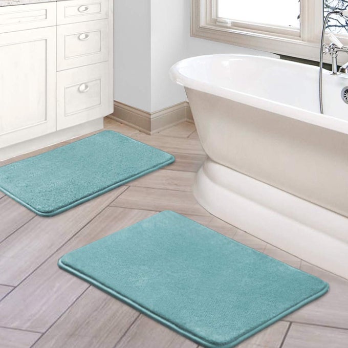 HVERSAILTEX BATH MAT MEMORY FOAM SET BATHROOM RUG SET FLANNEL VELVETY BATH MAT LUXURY EXTRA SOFT AND ABSORBENT NON SLIP RUGS FOR BATHROOMBEDROOM WASHABLE2 PACK 20X 32 17X 24 EGGSHELL BLUE
