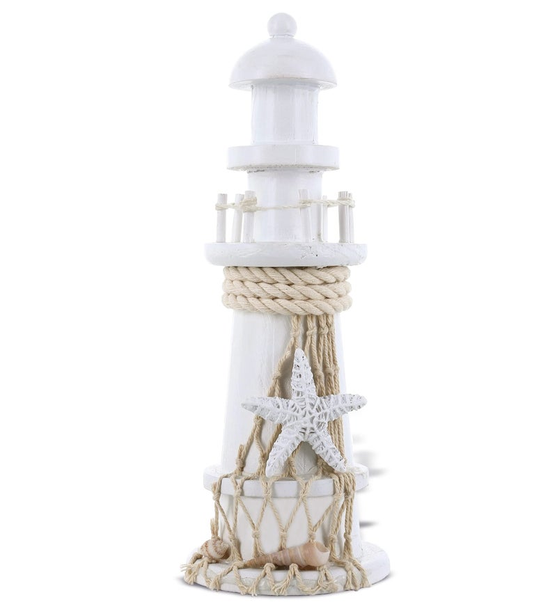 Puzzled COTA Global Small White Wooden Lighthouse Decor - Handmade Wooden Lighthouse Beach Decorations for Home with Decorative Starfish Decor - 8.75 Inches - Image 1
