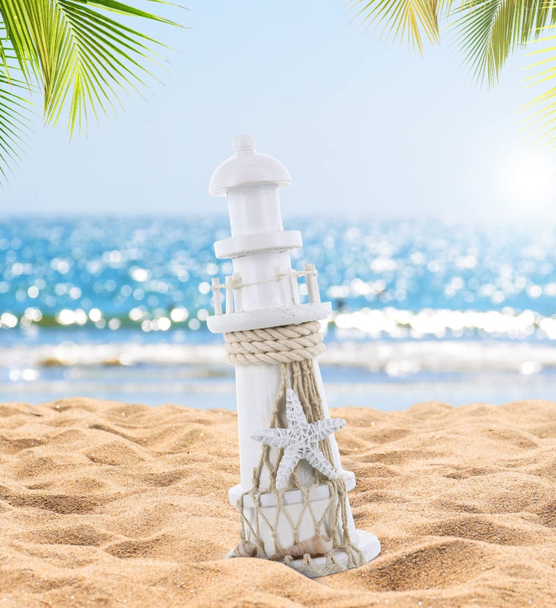 Puzzled COTA Global Small White Wooden Lighthouse Decor - Handmade Wooden Lighthouse Beach Decorations for Home with Decorative Starfish Decor - 8.75 Inches - Image 5