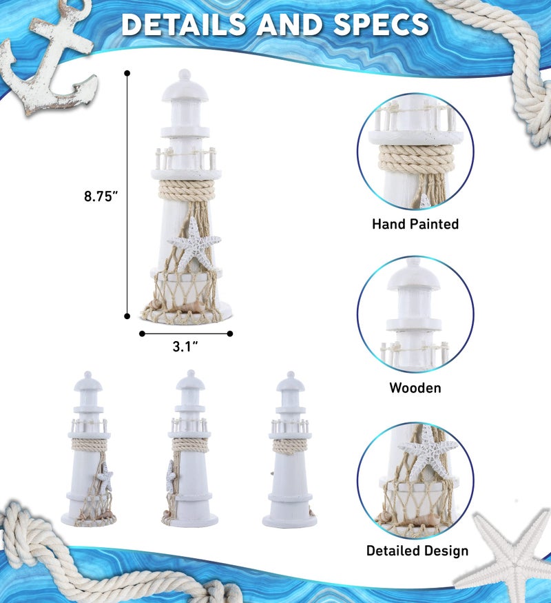 Puzzled COTA Global Small White Wooden Lighthouse Decor - Handmade Wooden Lighthouse Beach Decorations for Home with Decorative Starfish Decor - 8.75 Inches - Image 2