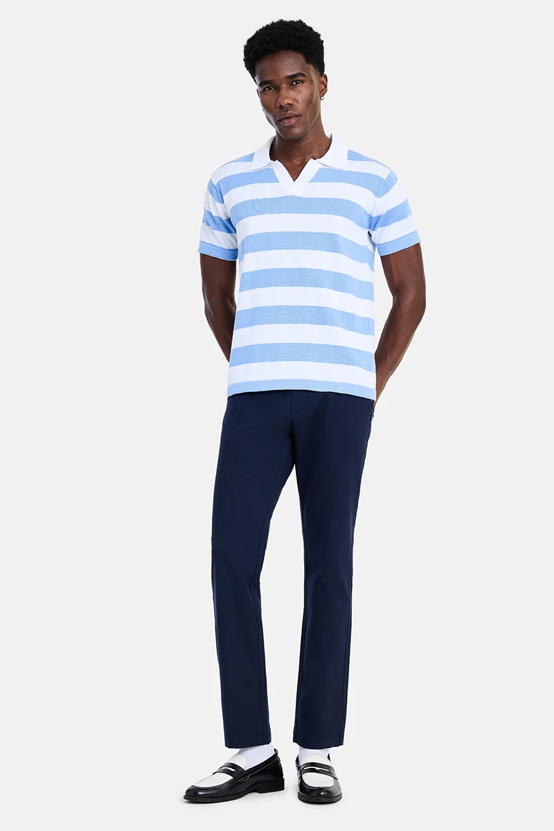 سنيتش Light Blue Striped Half Sleeve Regular Fit Casual T-Shirt