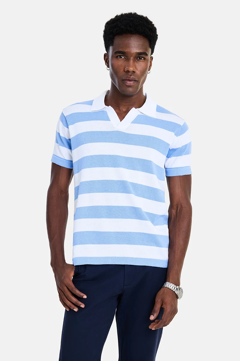 سنيتش Light Blue Striped Half Sleeve Regular Fit Casual T-Shirt