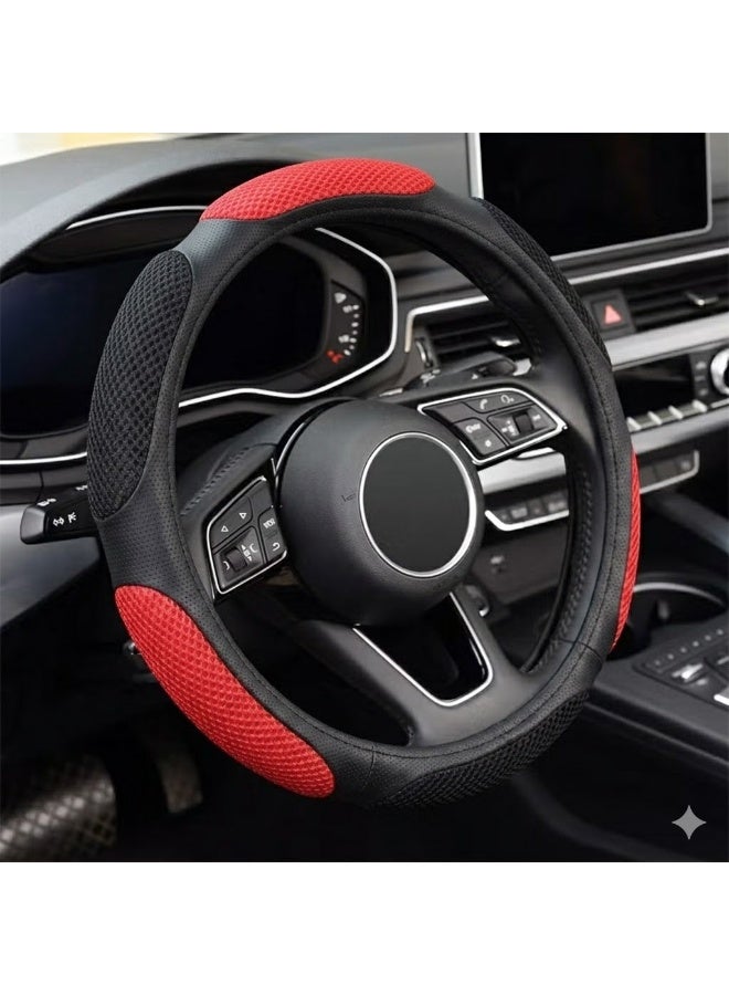 Car steering wheel cover, 38 cm / 15 inches silk elastic breathable anti-slip steering wheel cover, easy to install and remove, universal for car interiors (Red and Black) - Image 1