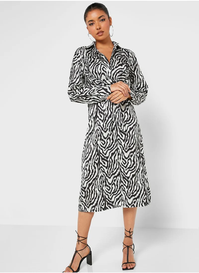 boohoo Front Knot Printed Shirt Dress