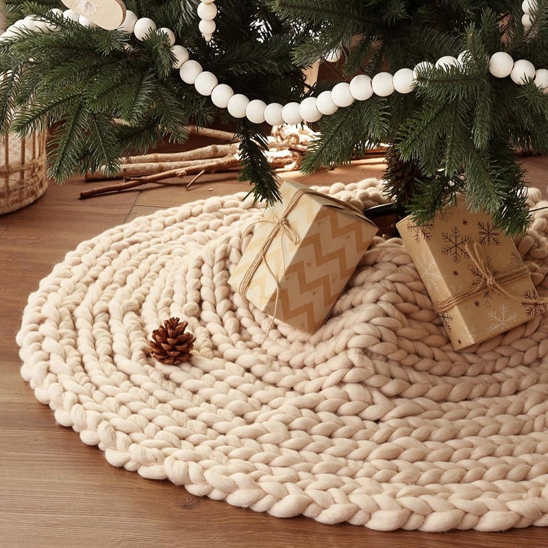 LimBridge 36 inch Christmas Tree Skirt: Chunky Knit Tree Skirt for 6ft Tree, Crochet Beige Small Tree Skirt, Vintage Tree Skirts, Rustic Farmhouse Christmas Decorations - Image 1