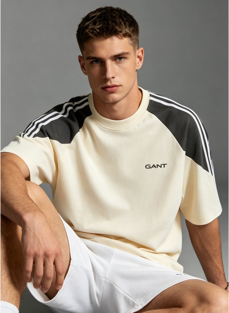 GANT Men's Colorblock Raglan Short Sleeve T-Shirt, 3-Stripes Shoulder Crew Neck Casual Loose Fit Cotton Tee - Cream & Dark Grey - Image 1