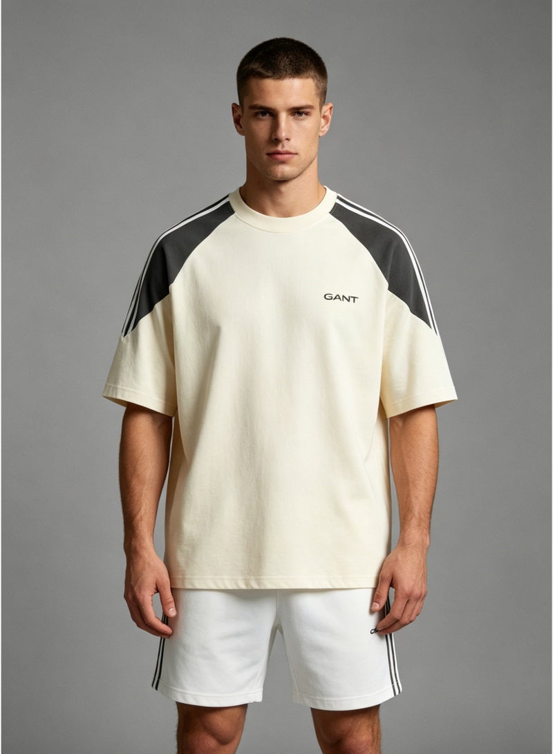 GANT Men's Colorblock Raglan Short Sleeve T-Shirt, 3-Stripes Shoulder Crew Neck Casual Loose Fit Cotton Tee - Cream & Dark Grey - Image 4