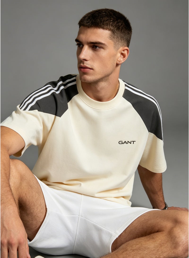 GANT Men's Colorblock Raglan Short Sleeve T-Shirt, 3-Stripes Shoulder Crew Neck Casual Loose Fit Cotton Tee - Cream & Dark Grey - Image 5