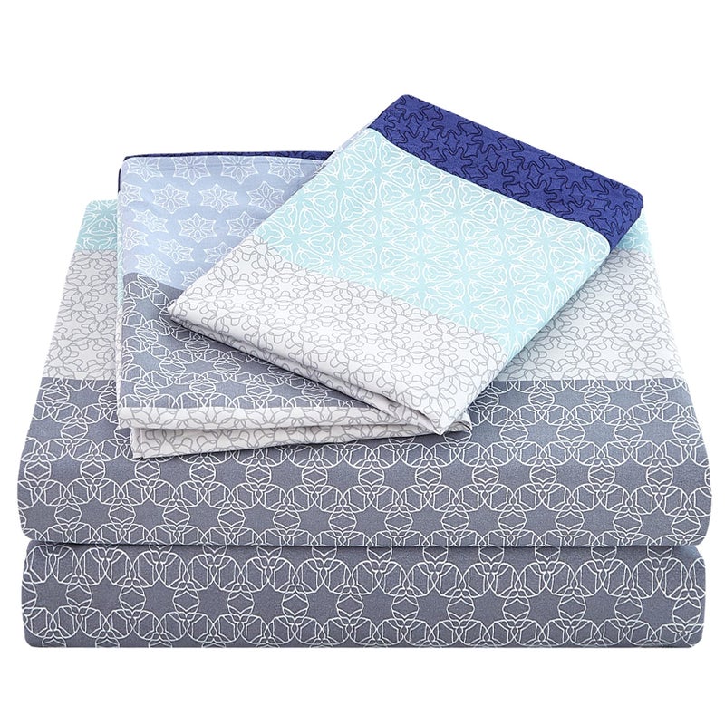 JSD Blue Striped Sheet Set King Size 4 Piece Soft Printed Microfiber Sheet Set Extra Deep Pocket