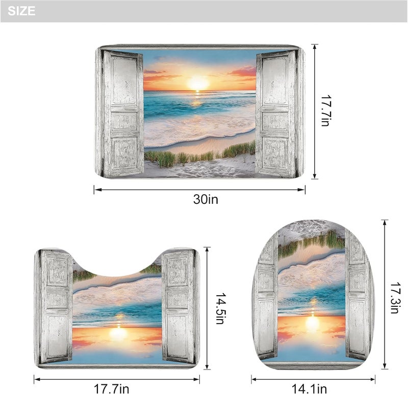Riyidecor White Barn Door Ocean Beach 4Pcs Bathroom Shower Curtain Sets Nautical Sunset Wooden Bathroom Decor Set with Rugs and Accessories Rustic Toilet Lid Rug, Contour and Bath Mat with 12 Hooks - Image 4