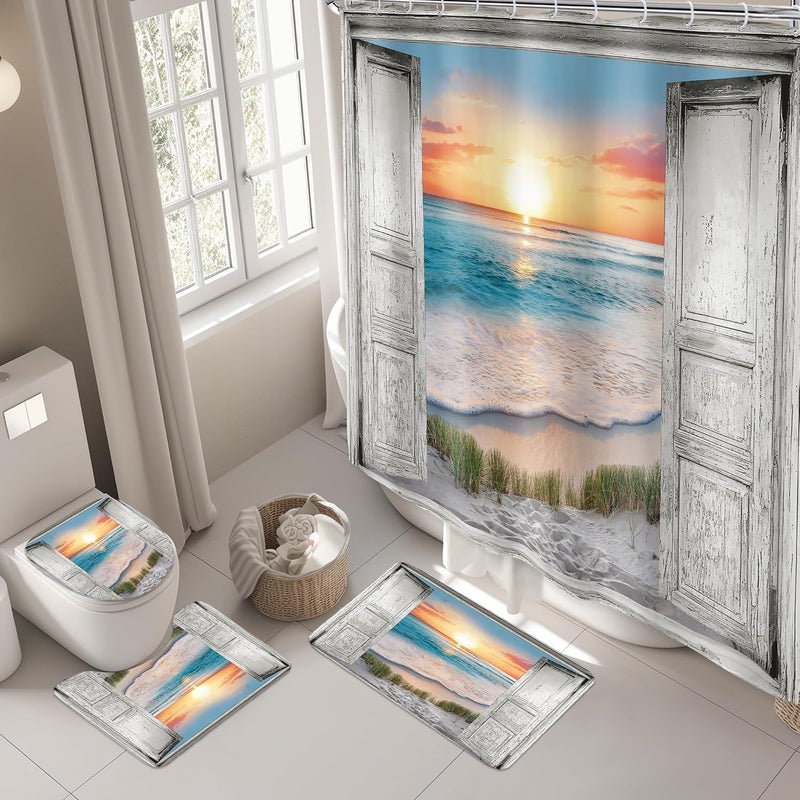 Riyidecor White Barn Door Ocean Beach 4Pcs Bathroom Shower Curtain Sets Nautical Sunset Wooden Bathroom Decor Set with Rugs and Accessories Rustic Toilet Lid Rug, Contour and Bath Mat with 12 Hooks - Image 3
