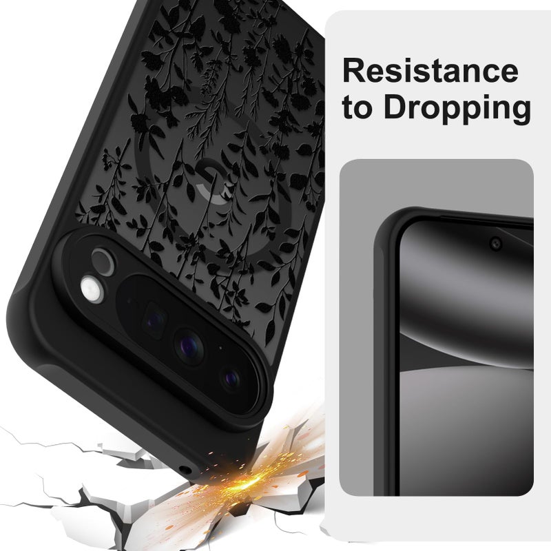 ZIYE Magnetic Case for Google Pixel 10 Pro 6.3 Inch [Compatible with MagSafe] Hard PC and Soft TPU Case with Black Floral Flowers Anti-Scratch Shockproof Protection Phone Cover for Women - Image 2