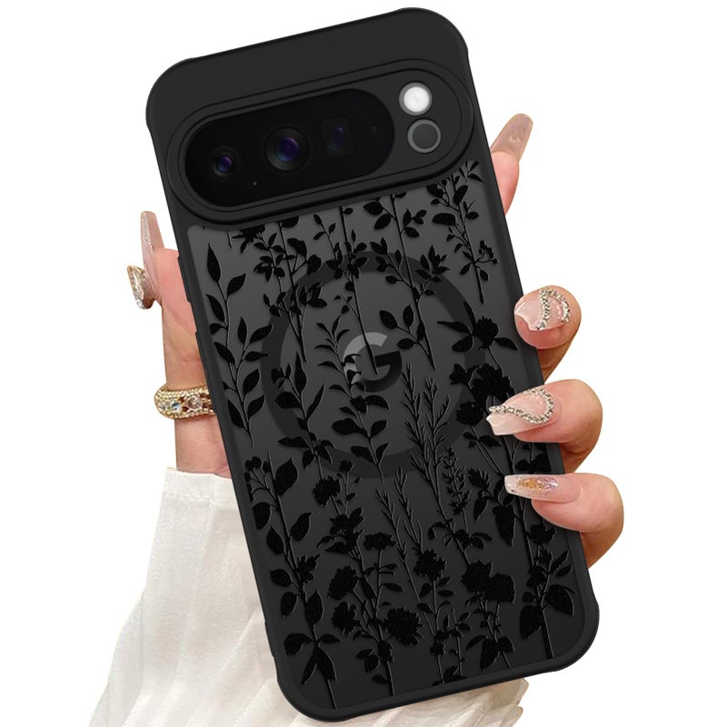 ZIYE Magnetic Case for Google Pixel 10 Pro 6.3 Inch [Compatible with MagSafe] Hard PC and Soft TPU Case with Black Floral Flowers Anti-Scratch Shockproof Protection Phone Cover for Women - Image 1