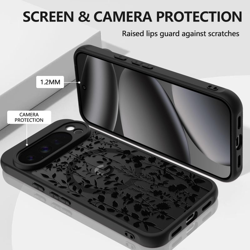 ZIYE Magnetic Case for Google Pixel 10 Pro 6.3 Inch [Compatible with MagSafe] Hard PC and Soft TPU Case with Black Floral Flowers Anti-Scratch Shockproof Protection Phone Cover for Women - Image 3