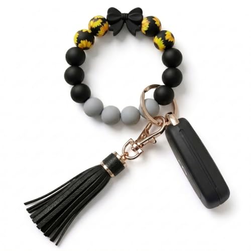 BIHRTC Key Ring Silicone Bead Bangle Wristlet Keychain Bracelet Wallet Beaded Rings with Tassel Card Holder for Women Girls House Car Key Ring Bracelet - Image 1