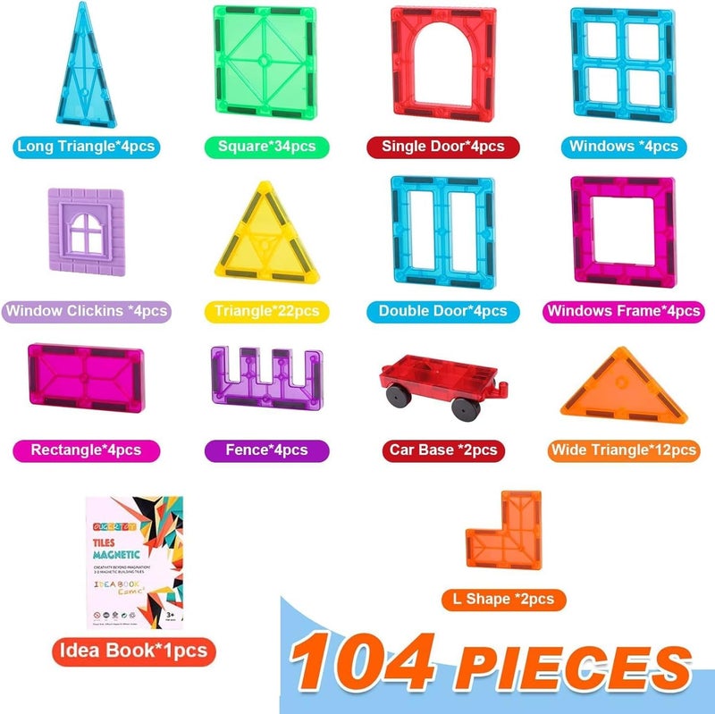 OugerToy 104PCS Magnetic Building Tiles STEM Educational Stacking Blocks Construction Toys for Kids Ages 39 Creative Toddler Boy Girl Christmas Birthday Gift - Image 3