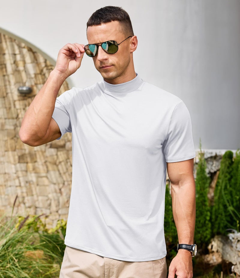 Lexiart Men's Mock Turtleneck Short Sleeve Soft Lightweight Casual Basic T-Shirts Solid Pullover Tops White - Image 4