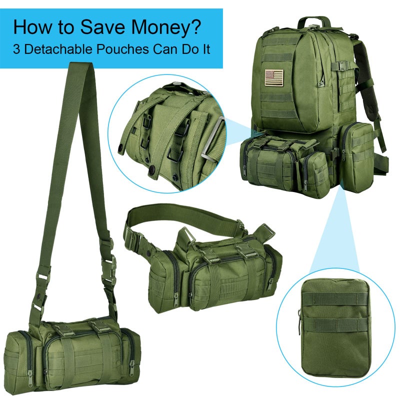 CVLIFE Tactical Backpack Military Army Rucksack 60L Large Assault Pack Detachable Molle Bag, Army Green - Image 3
