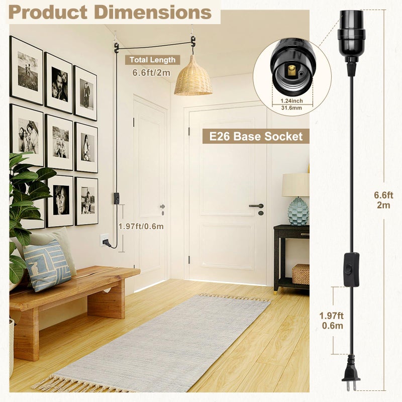 DiCUNO E26 Hanging Lantern Extension Cord Cable, Light Socket On Off Inline Cord Switch Control Lamp, 6.6 Feet (2M), Black, 1-Pack - Image 2
