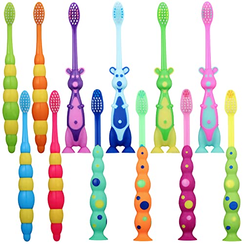 Lauwell 12-Piece Toddler Toothbrush Pack - Kids Toothbrushes with Covers, Suction Cup, Soft Bristles, Animal Design for Sensitive Teeth - Image 1