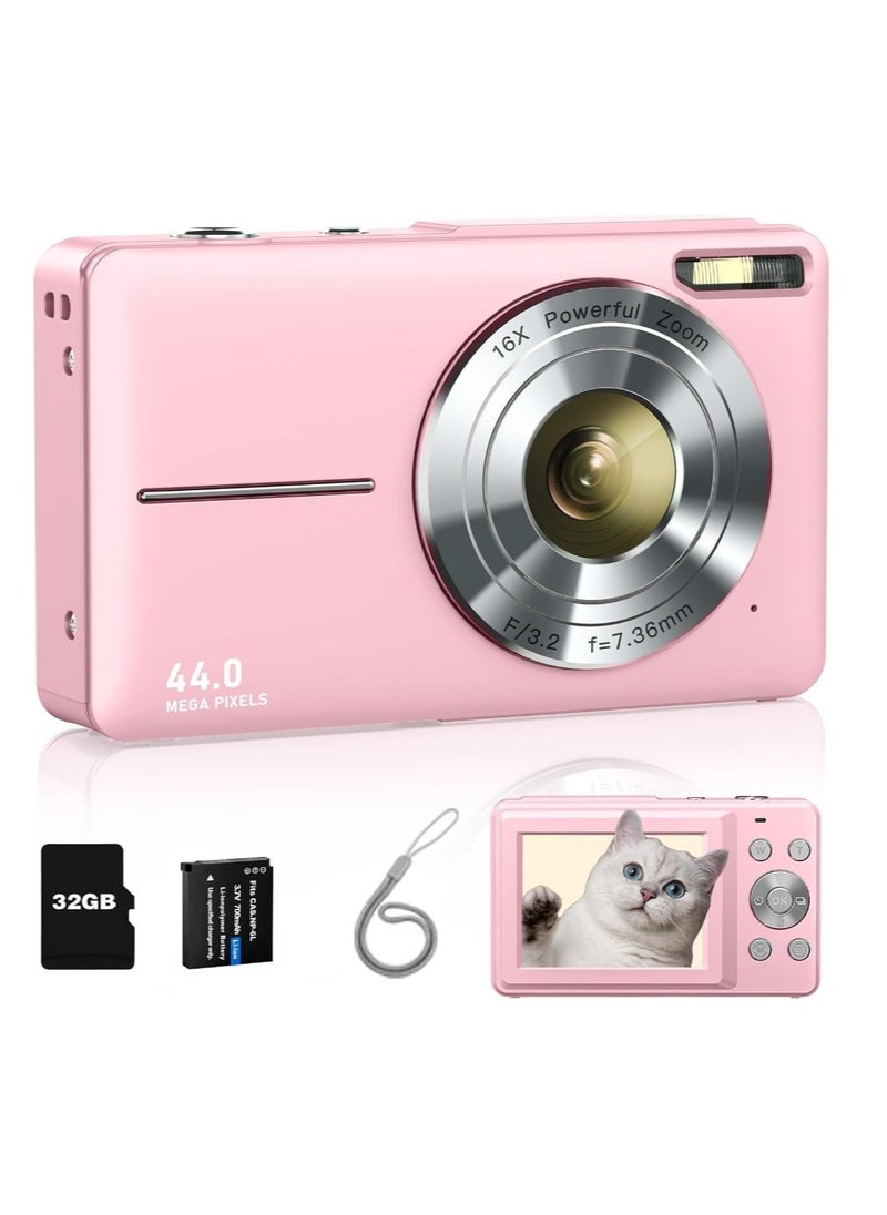 Generic Digital Camera, FHD 1080P Kids Camera, 44MP Point And Shoot Digital Cameras With 32GB Memory Card And Two Batteries, 16X Zoom , Lanyard, Compact Size Camera, Gift for Boys/Girls (Pink)  - Image 1