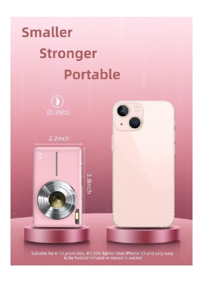 Digital Camera, FHD 1080P Kids Camera, 44MP Point And Shoot Digital Cameras With 32GB Memory Card And Two Batteries, 16X Zoom , Lanyard, Compact Size Camera, Gift for Boys/Girls (Pink)