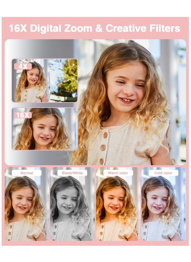 Digital Camera, FHD 1080P Kids Camera, 44MP Point And Shoot Digital Cameras With 32GB Memory Card And Two Batteries, 16X Zoom , Lanyard, Compact Size Camera, Gift for Boys/Girls (Pink)