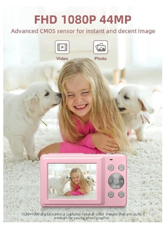 Generic Digital Camera, FHD 1080P Kids Camera, 44MP Point And Shoot Digital Cameras With 32GB Memory Card And Two Batteries, 16X Zoom , Lanyard, Compact Size Camera, Gift for Boys/Girls (Pink)  - Image 2