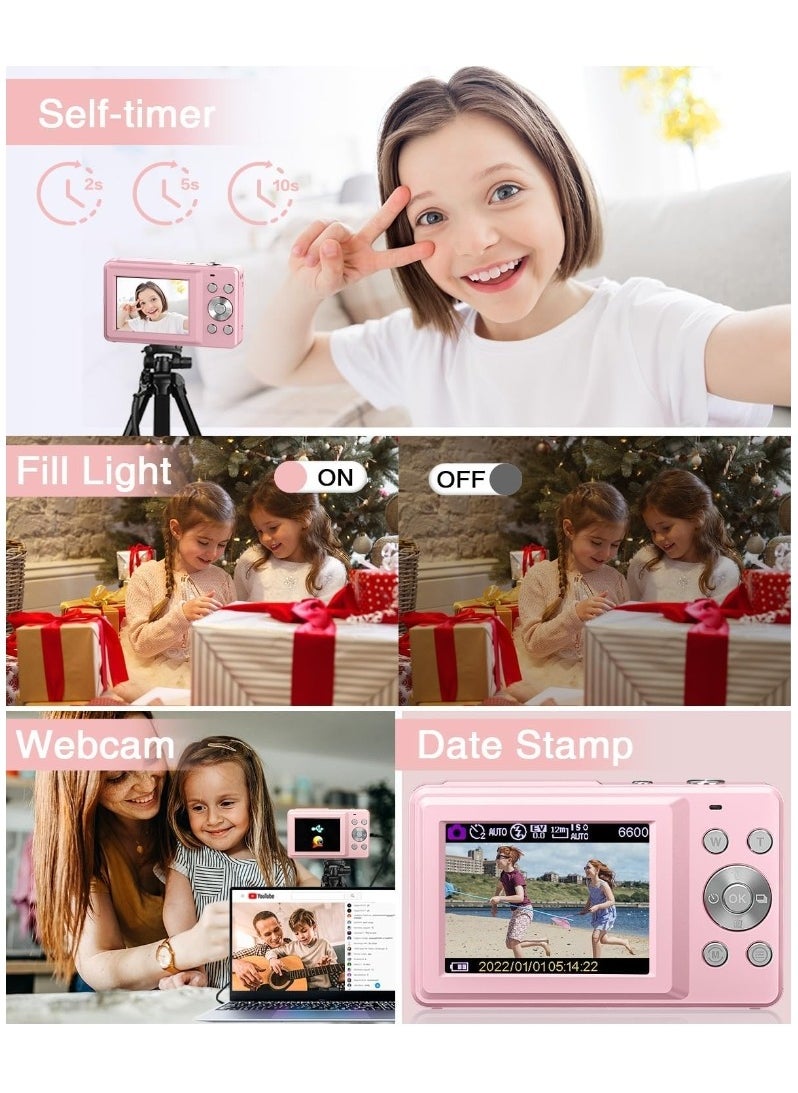 Digital Camera, FHD 1080P Kids Camera, 44MP Point And Shoot Digital Cameras With 32GB Memory Card And Two Batteries, 16X Zoom , Lanyard, Compact Size Camera, Gift for Boys/Girls (Pink)