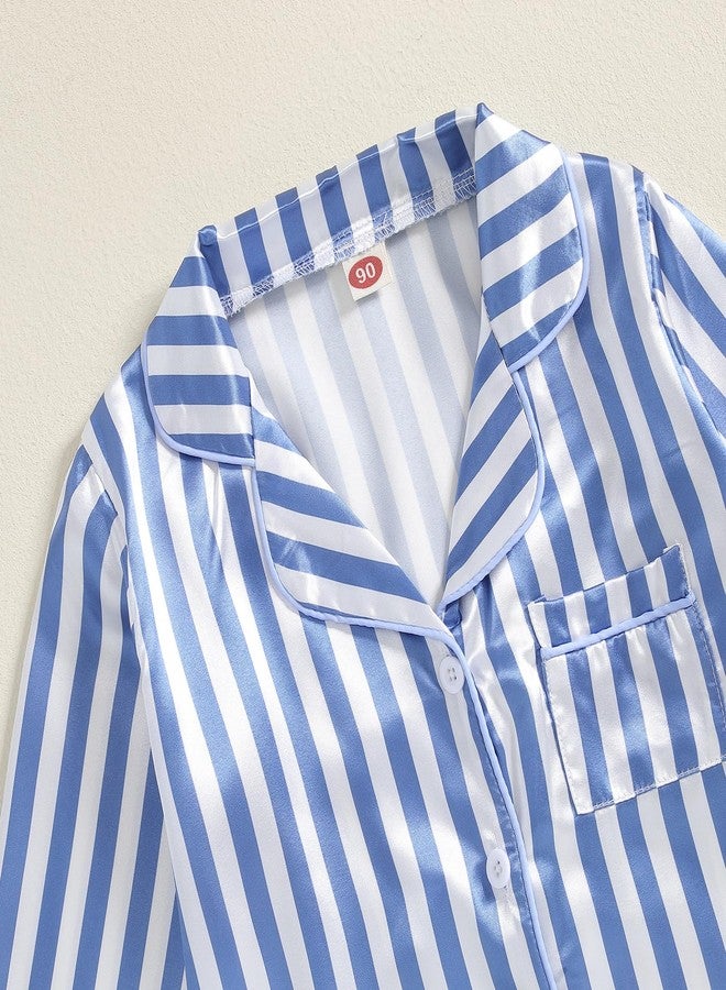 ZAXARRA Kid Baby Girl Boy Satin Pajamas Set Lapel Button Down Silk Shirt Top Pants Children Lounge Clothes Sleepwear Suit (Blue-stripe, 4-5 Years) - Image 2