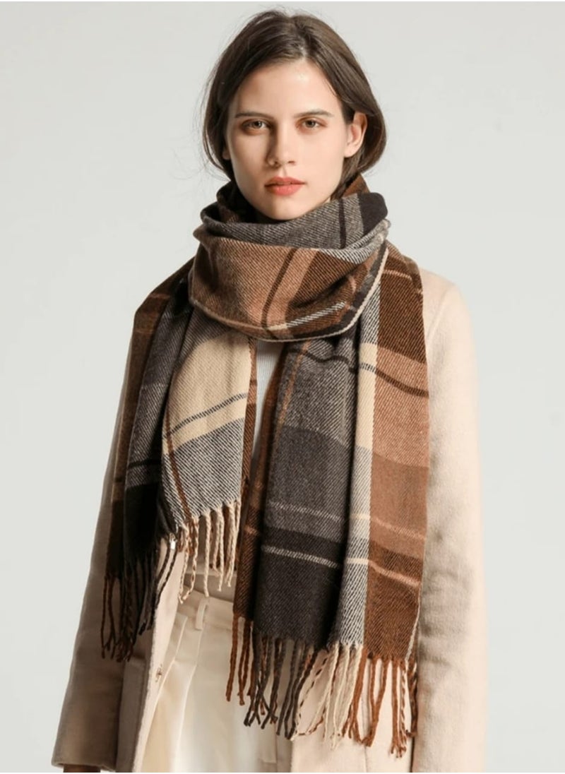 Shein 1pc Women Checkered Scarf, Coffee Color, Warm, Fashion Tassel, Students Neck Wrap, Thick, Long Style,  - Image 1