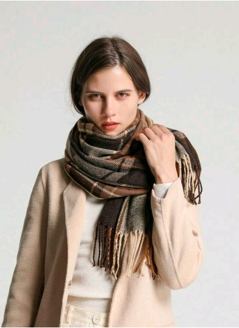 Shein 1pc Women Checkered Scarf, Coffee Color, Warm, Fashion Tassel, Students Neck Wrap, Thick, Long Style,  - Image 2