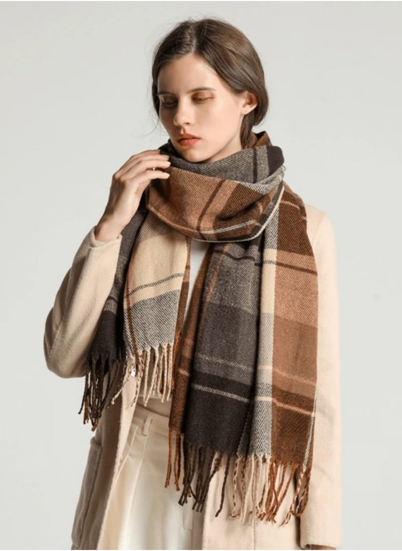 Shein 1pc Women Checkered Scarf, Coffee Color, Warm, Fashion Tassel, Students Neck Wrap, Thick, Long Style,  - Image 3