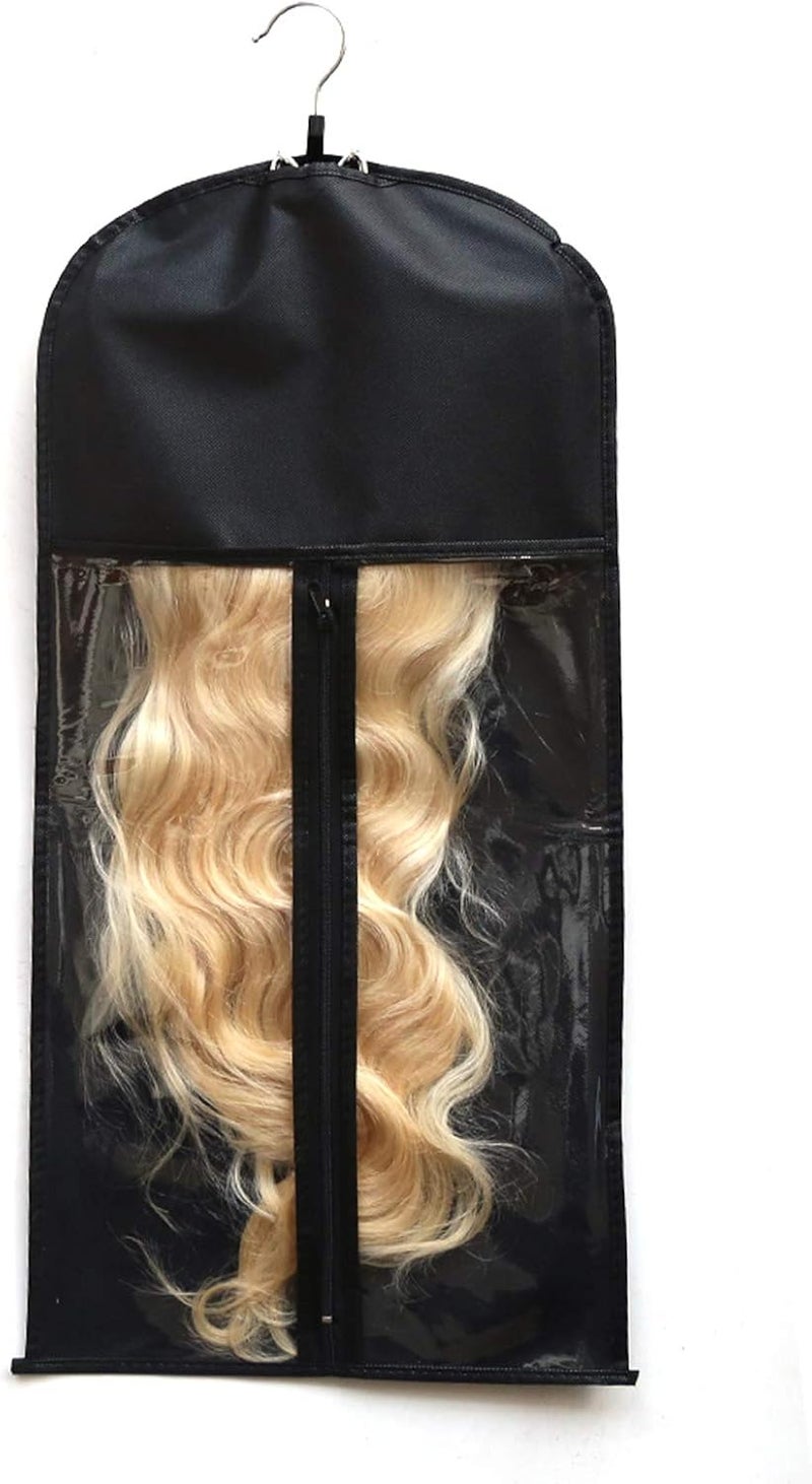 BTWTRY BTWTRY Hair Extension Storage Bag Non-woven Carrier Hair Extension Hanger Strong Holder Dust-proof Portable Suit with Transparent Zip Up Closure Lightweight Waterproof and Portable (Black)