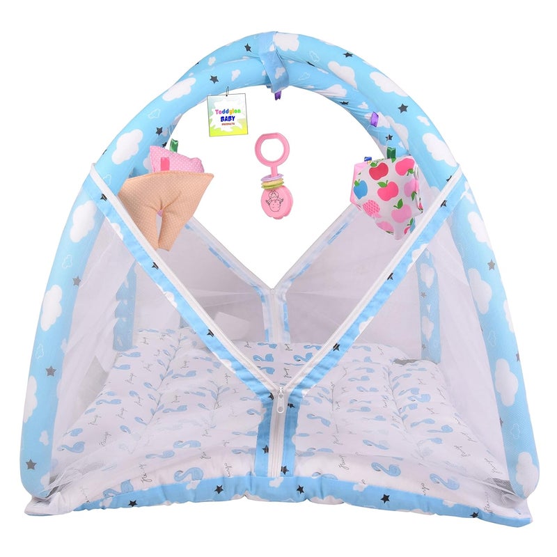 Toddylon Flat Bed Baby Play Gym New Born Baby Bedding|Mat with Hanging Toys|Mattress with Mosquito Net|Cotton Playing Mat|Playmats & Floor Gyms (0-6 Months),1 Count,Blue
