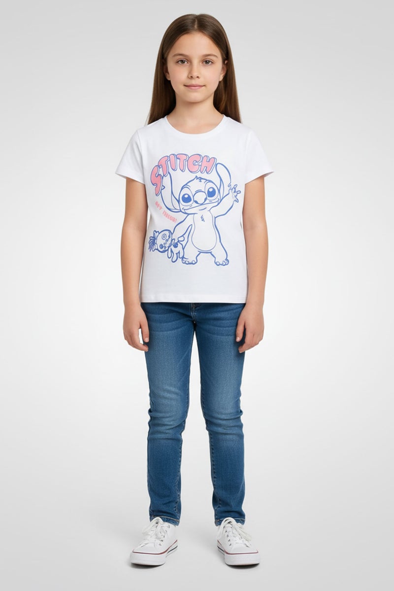 Disney Lilo And Stitch Kids Girl Graphic Print Short Sleeve T-Shirt, White - Image 1