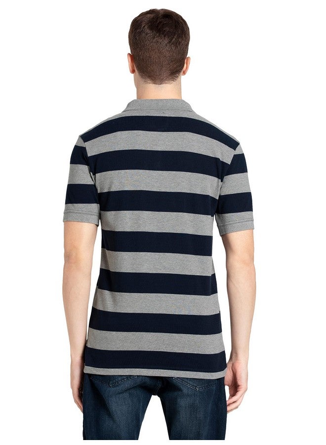 Jockey Men's Super Combed Cotton Rich Regular Fit Striped Polo T-Shirt_Style_US93_Grey Melange & Navy_XXL