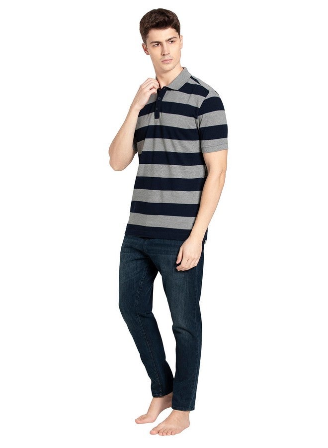 Jockey Men's Super Combed Cotton Rich Regular Fit Striped Polo T-Shirt_Style_US93_Grey Melange & Navy_XXL