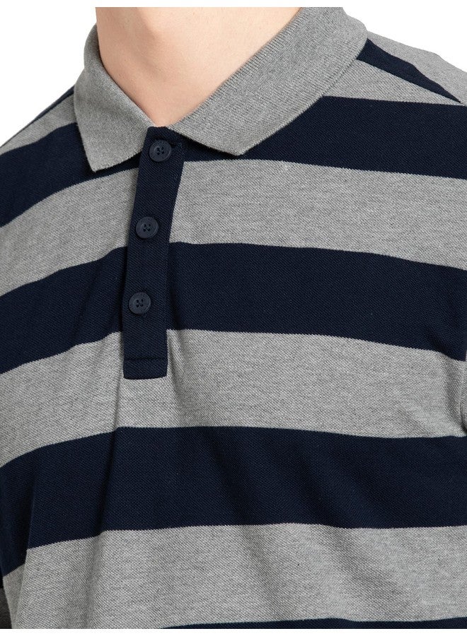 Jockey Men's Super Combed Cotton Rich Regular Fit Striped Polo T-Shirt_Style_US93_Grey Melange & Navy_XXL