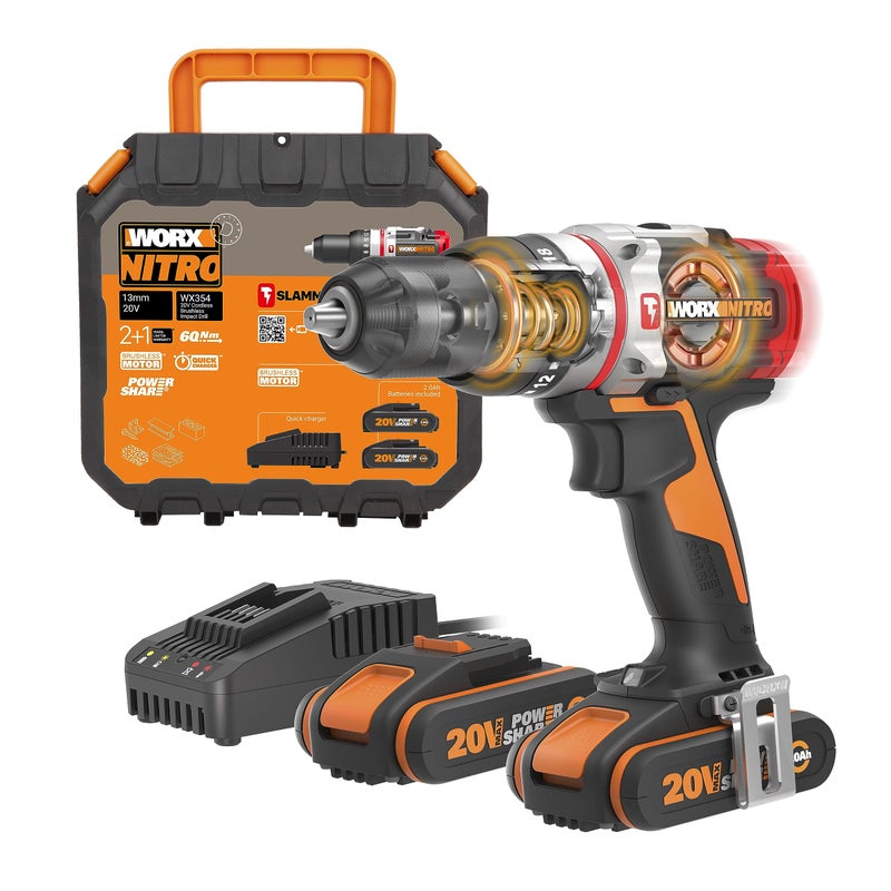 WORX Nitro 18V(20V MAX) Cordless Impact Drill WX354, Slammer Drill, 60N.m, 2-Speed, 2 x 2Ah Batteries Included - Image 1
