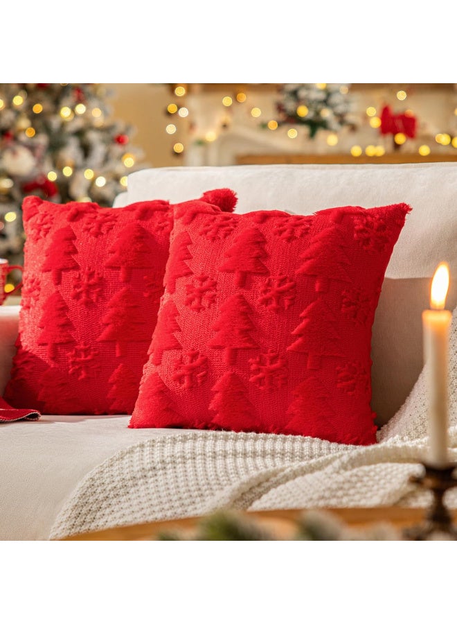 HI-FINE Red Christmas Tree Throw Pillow Covers 18"x18" Set of 2, Winter Snowflake Decorative Pillow Covers Soft Plush Embroidery Cushion Covers Holiday Accent Pillows for Couch Farmhouse Home Decor - Image 1