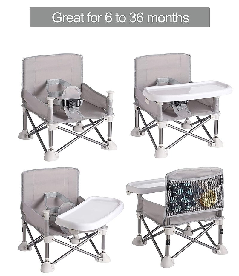 Peng General Portable Travel Booster Seat with Tray| Folding Baby Seat Booster High Chair for Dining Table| Compact Camping Chair for Lawn, Beach Indoor/Outdoor Use| Toddlers, Kids (Grey) - Image 2
