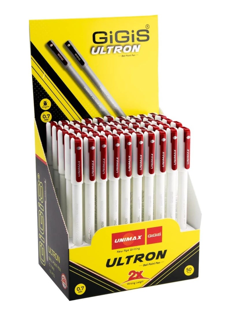 Gigis Unimax ULTRON 2X 0.7MM Ballpen, 50 pcs Ballpoint Pen, Nickel Silver Tip With TC Ball  (Red) - Image 1